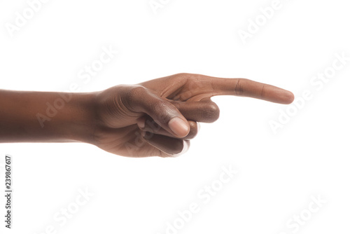 partial view of african american man pointing right with finger isolated on white