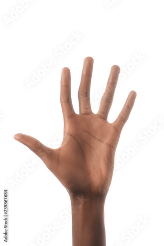 partial view of african american man showing number 5 in sign language isolated on white