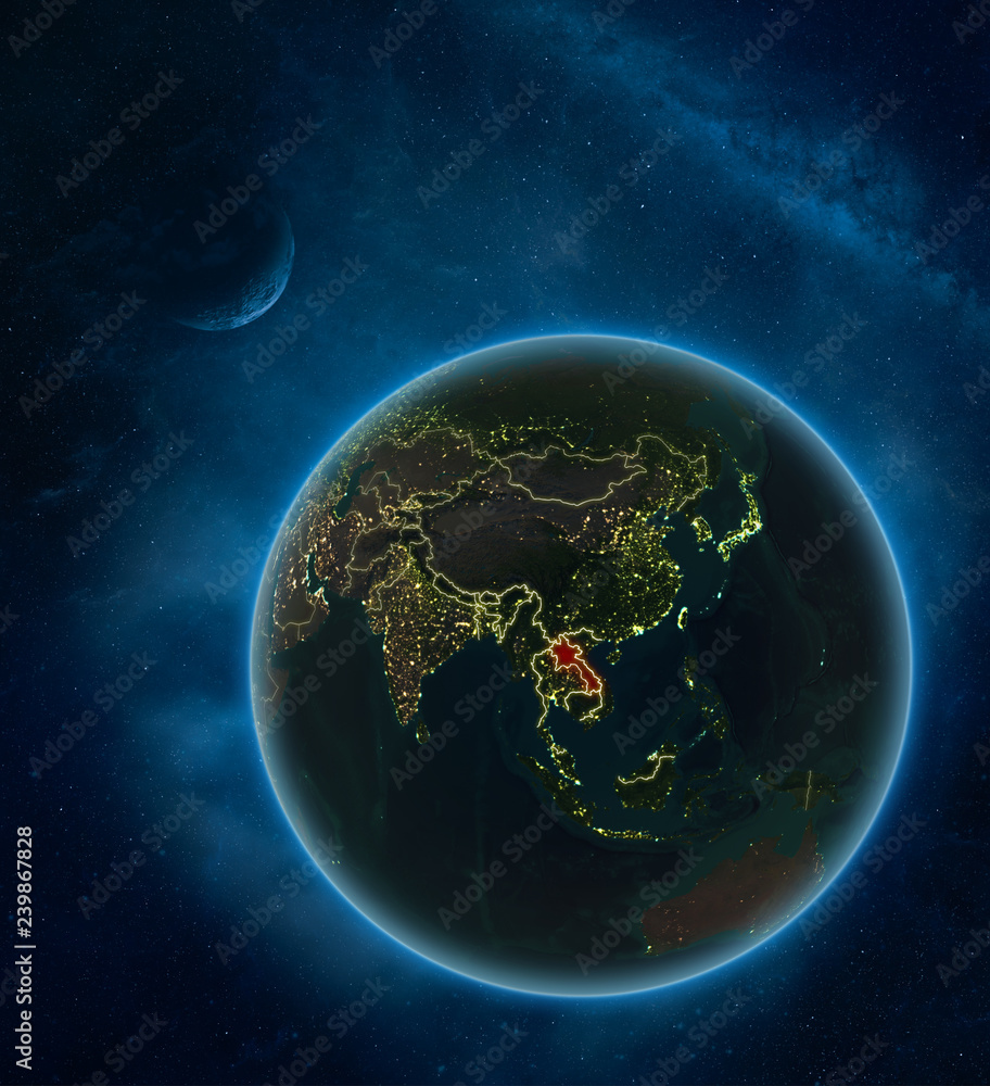 Laos at night from space with Moon and Milky Way. Detailed planet Earth with city lights and visible country borders. Laos at night from space with Moon and Milky Way. Detailed planet Earth with city lights and visible country borders.