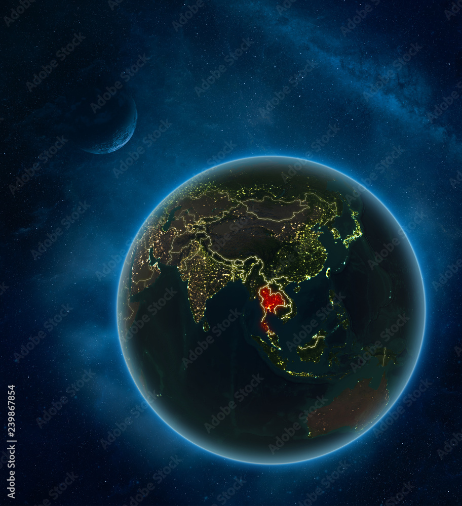 Thailand at night from space with Moon and Milky Way. Detailed planet Earth with city lights and visible country borders.