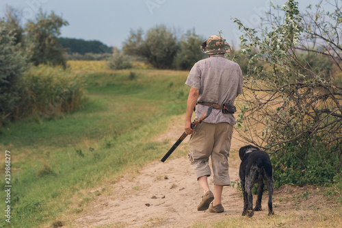 Hunter with a german drathaar and spaniel, pigeon hunting with dogs in reflective vests © Mountains Hunter
