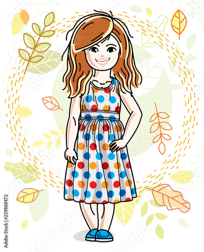 Cute happy little red-haired girl posing on background of autumn landscape and wearing fashionable casual clothes. Vector character.