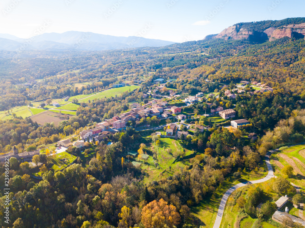 Aerial view of houses and nature of  Catalan village Vilanova de Sau