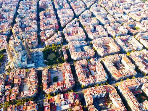 View from drone of Eixample district with Sagrada Familia