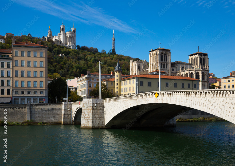 Fourviere hill and bridge across Saone river, Lyon