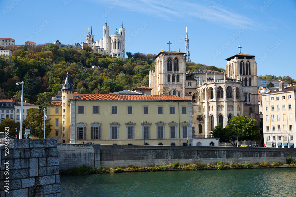 Cityscape of Lyon, town in France at riverside Saone at sunny day