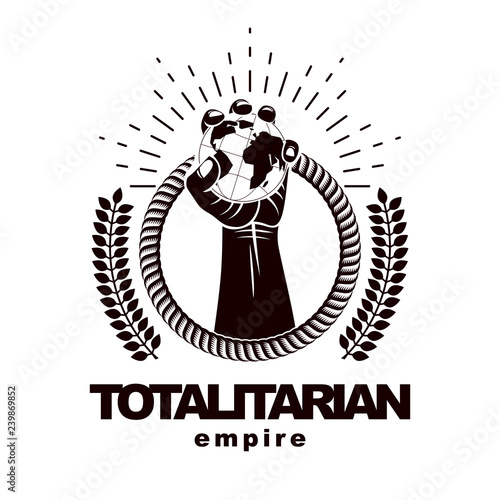 Clenched fists of angry people vector emblem composed with Earth globe symbol. Civil war abstract illustration. Social revolution concept.