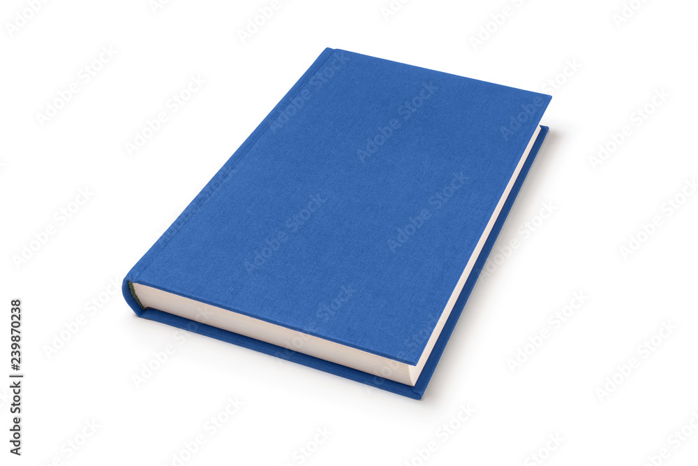 Blue lying book isolated, perspective view. Cover made of natural linen fabric with uneven rough texture. Blue lying book isolated, perspective view. Cover made of natural linen fabric with uneven rough texture.