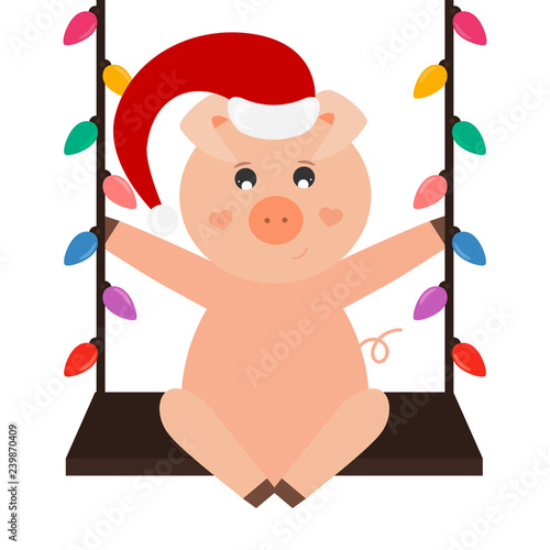 Pig with Santa hat is on the swing, Santa’s helper, vector illustration.