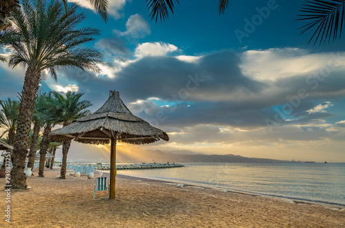 Morning on central public beach of Eilat - famous tourist resort and recreational city in Israel and Middle East © sergei_fish13