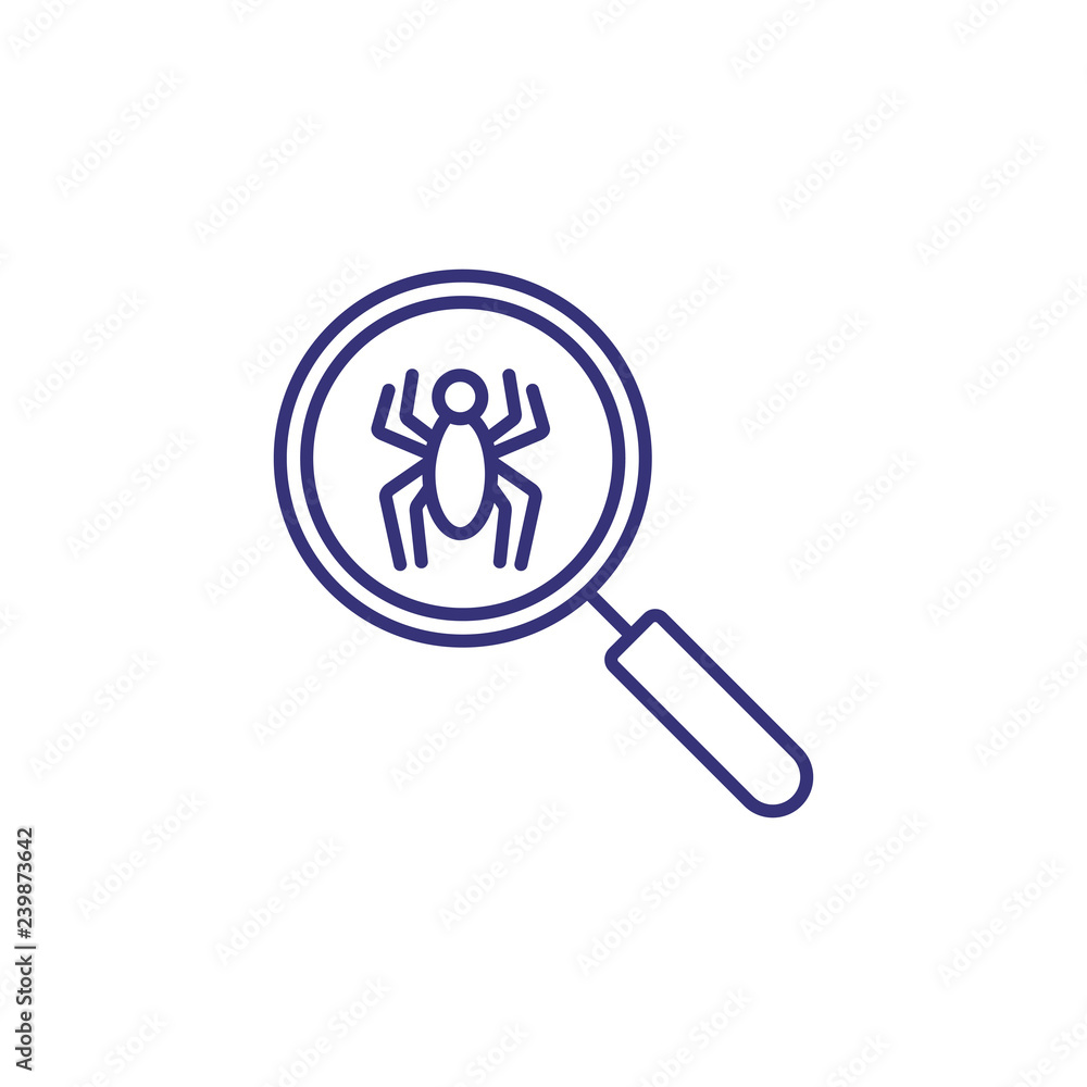 Antivirus line icon. Bug under micro lens on white background. Security concept. Vector illustration can be used for topics like app, mobile, computer, program Antivirus line icon. Bug under micro lens on white background. Security concept. Vector illustration can be used for topics like app, mobile, computer, program