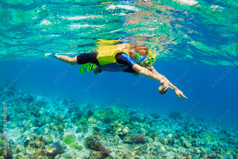 © Tropical studio - Happy family - mother, kid in snorkeling mask dive underwater, explore tropical fishes in coral reef sea pool. Travel active lifestyle, beach adventure, swimming activity on summer holiday with child. © Tropical studio - Happy family - mother, kid in snorkeling mask dive underwater, explore tropical fishes in coral reef sea pool. Travel active lifestyle, beach adventure, swimming activity on summer holiday with child.