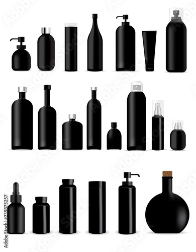 Mock up Realistic Black Bottles Healthy and Cosmetic Packaging  Soap, Shampoo, Cream, Oil Dropper and Spray Set for Skincare Product  Background Illustration