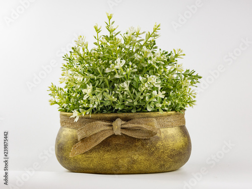artificial plant in old flowerpots on white background