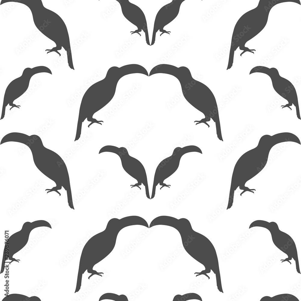 Naklejka premium Illustration. Summer romantic seamless pattern with isolated silhouettes of toucans on white background. Endless repeat exotic tropical texture with black birds