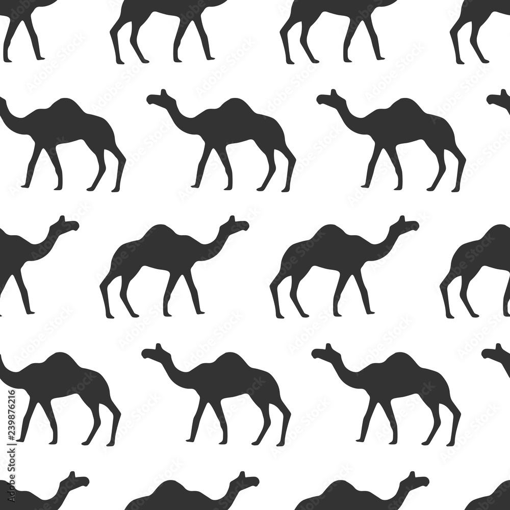 Seamless pattern with camel silhouettes on white background. Endless repeat texture with animal