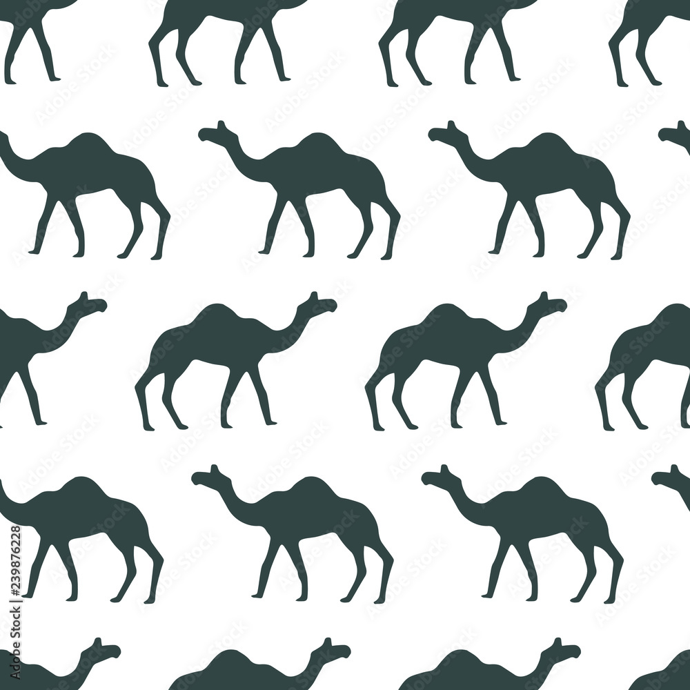 Vector seamless pattern with camel silhouettes on white background. Endless repeat texture with animal