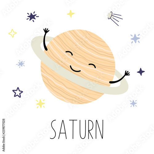 Cute cartoon Saturn, planet, vector character, Solar system.