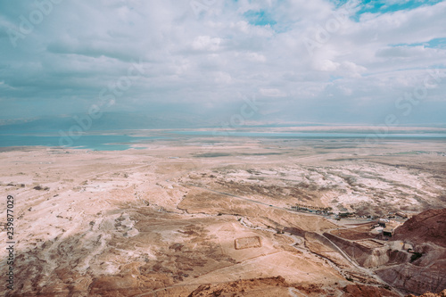 View of the valley of winter streams, in the background view of the Dead Sea. Masada, Israel