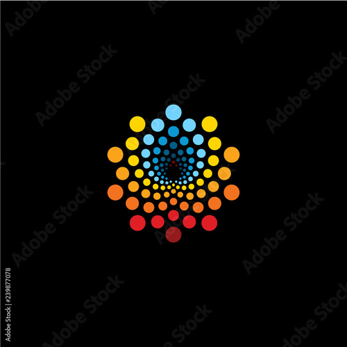 Abstract round shape from circles. Flower petals with bud. Isolated vector logo template on black background.