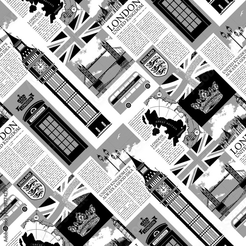 Vector seamless background on the theme of the UK and London with newspaper publications, architectural landmarks, British symbols and flag in retro style. Can be used as Wallpaper or wrapping paper