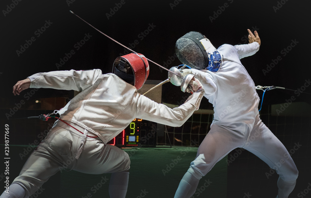 Two man fencing athlete fight on professional sports arena - obrazy, fototapety, plakaty 