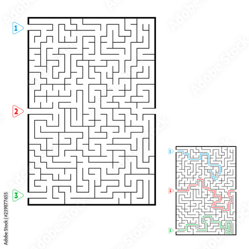 Abstract rectangular large maze. Game for kids. Puzzle for children. Three entrances, one exit. Labyrinth conundrum. Flat vector illustration isolated on white background. With answer.