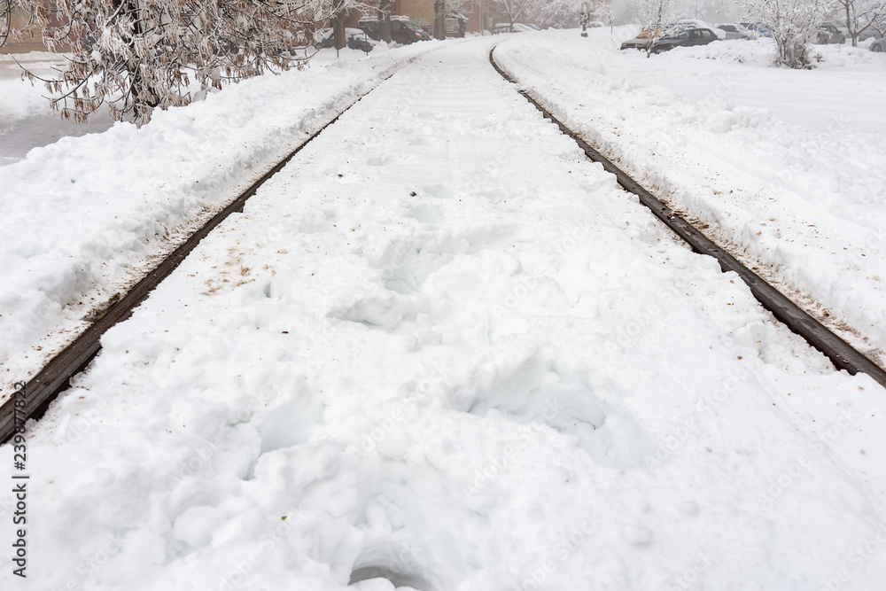 Fototapeta premium Novi Sad, Serbia - December 18, 2018: Railway line in Detelinara settlement in Novi Sad