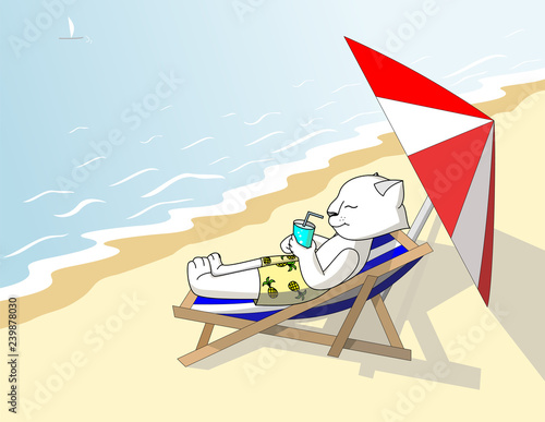 A white cat with a cocktail is sunning on a deckchair by the sea. Flat illustration for design.