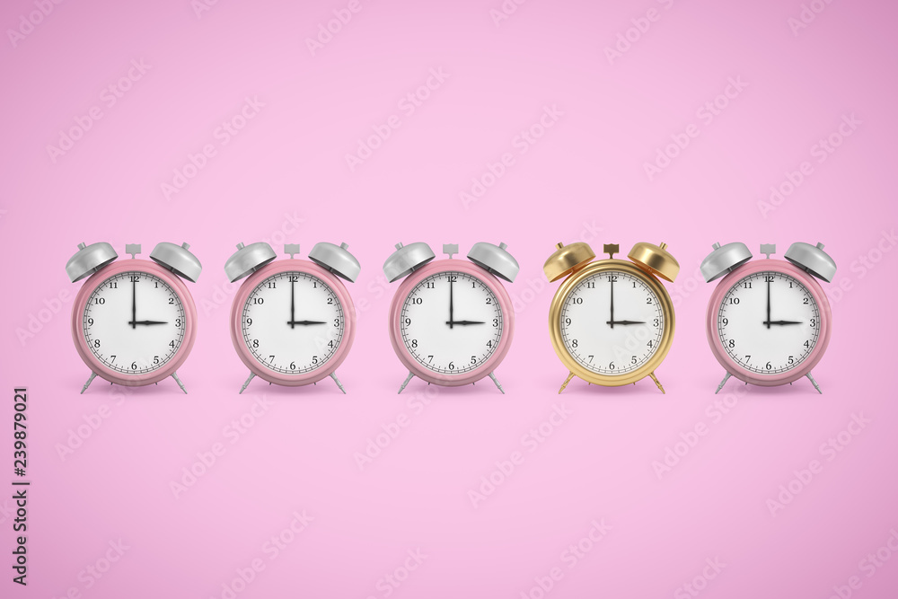3d rendering of four pink and one golden alarm clocks on pink background 3d rendering of four pink and one golden alarm clocks on pink background