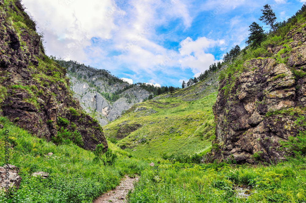 Magnificent summer mountain landscape, Altai mountains, Russia - path leading into the stony bag, formed by steep cliffs. Brook flowing under rock, clouds on blue sky and majestic beauty of nature