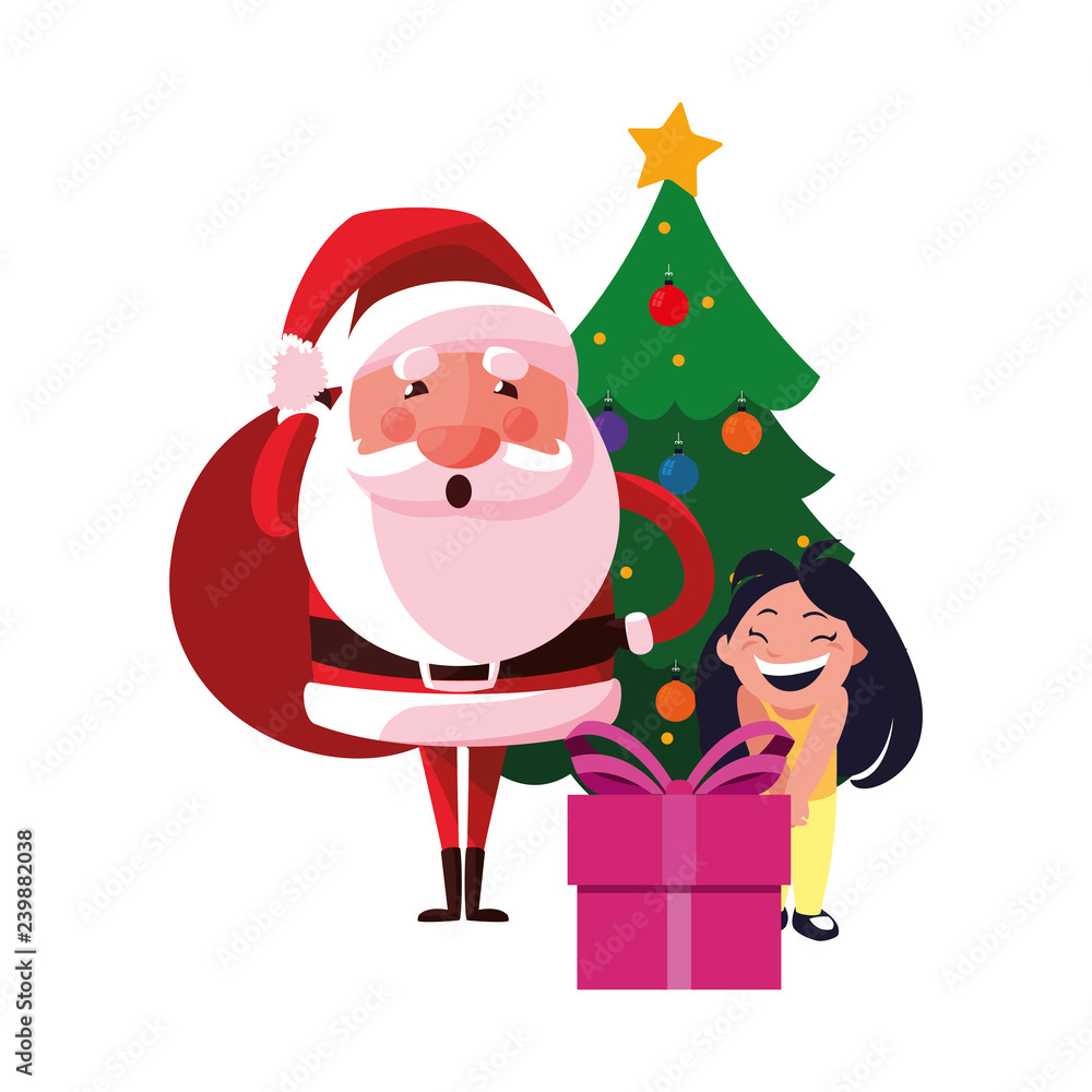 christmas santa with girl and gift tree christmas santa with girl and gift tree