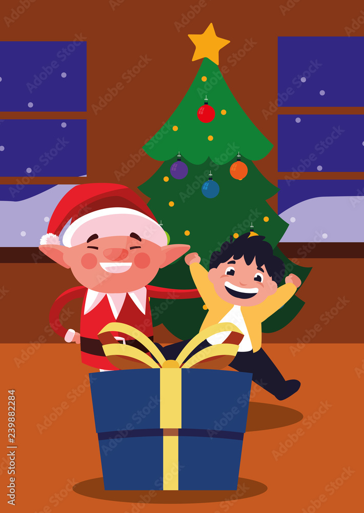 christmas elf with boy and gift