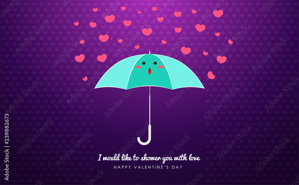 A cyan umbrella with heart raindrop. Valentine's vector illustration