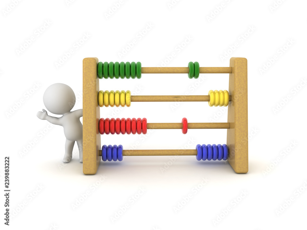 Cheerful 3D Character next to colorful Abacus Cheerful 3D Character next to colorful Abacus