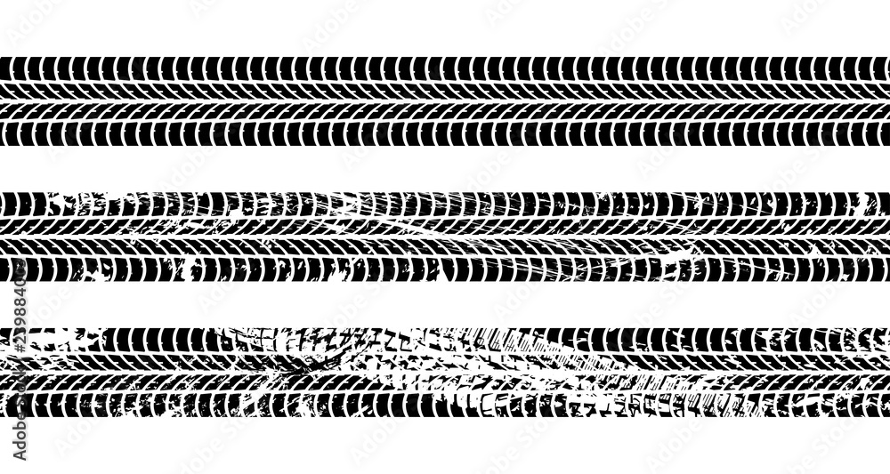Set of seamless car tire tracks isolated on white background, seamless vector texture