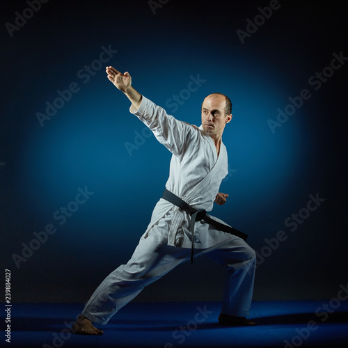 Active man performs formal karate exercises