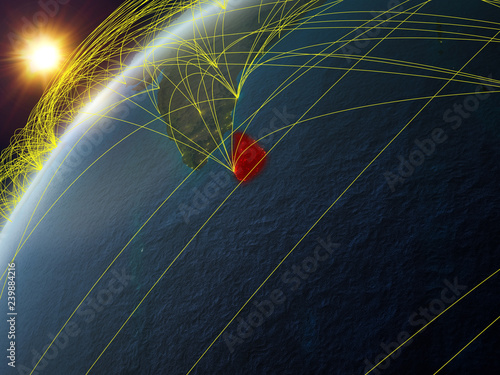 Sri Lanka on model of planet Earth with network and international networks. Concept of digital communication and technology.