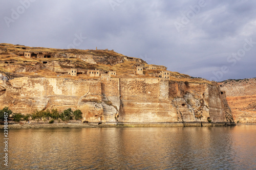 Landscape of Halfeti in the foreground Euphrates River and Sunken Mosque. Sanliurfa, Gaziantep in Turkey