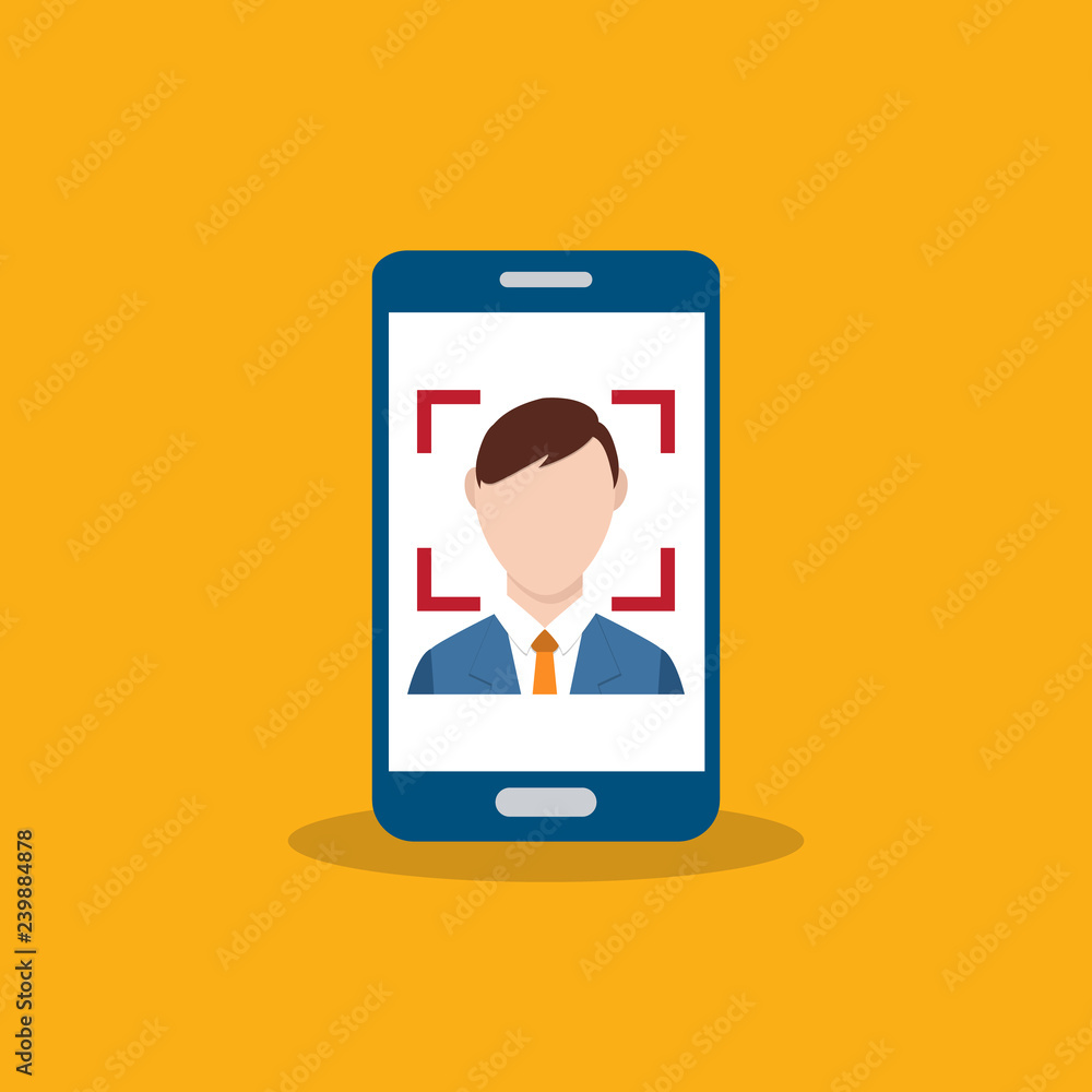 Facial recognition technology, Face ID concept, smart phone focus in a users face. EPS10 vector illustration in a flat style. Facial recognition technology, Face ID concept, smart phone focus in a users face. EPS10 vector illustration in a flat style.