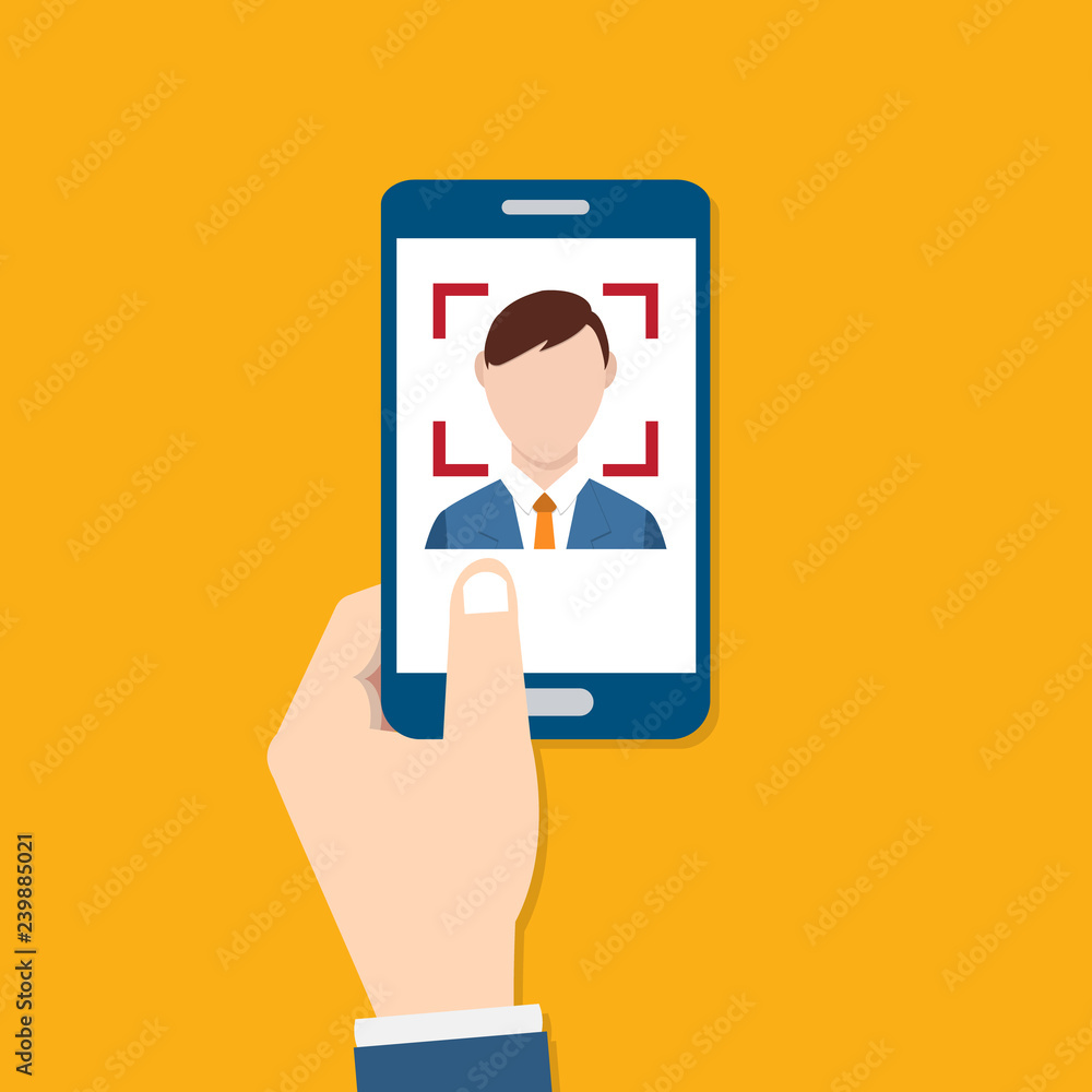 Facial recognition technology, Face ID concept, smart phone focus in a users face. EPS10 vector illustration in a flat style. Facial recognition technology, Face ID concept, smart phone focus in a users face. EPS10 vector illustration in a flat style.