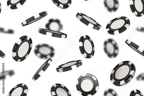 Vector poker chips seamless pattern texture background. Black flying falling casino poker chips isolated on white background. Jackpot or winner concept. Seamless texture.