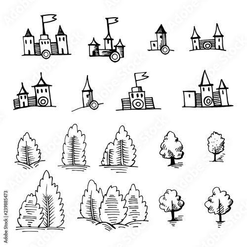 Example design elements to make your own fantasy or treasure maps. Includes city, forest. Imitation of medieval drawings. Hand drawn sketch vector