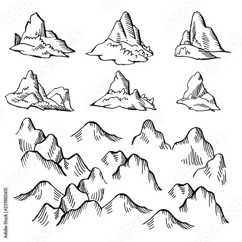 Example design elements to make your own fantasy or treasure maps. Includes mountains. Imitation of medieval drawings. Hand drawn sketch vector