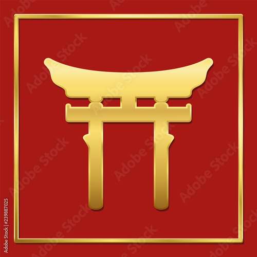 Golden shinto symbol on red background, golden frame, vector illustration.
