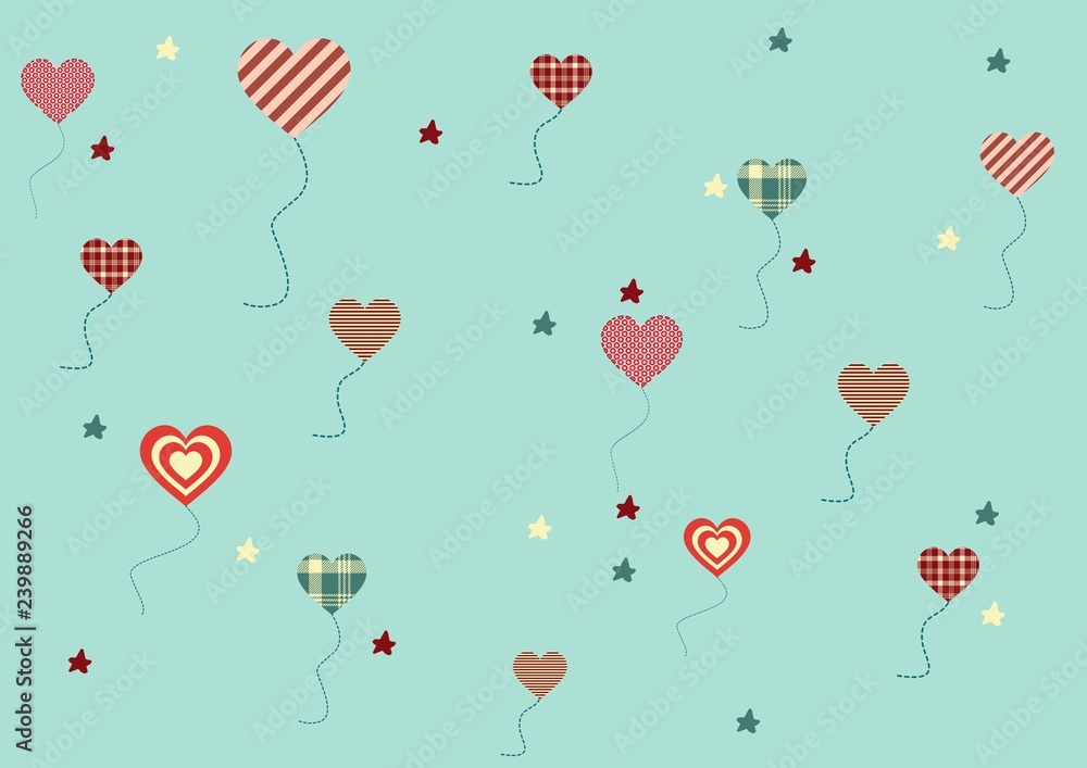 Green background with multi-colored flying hearts and stars