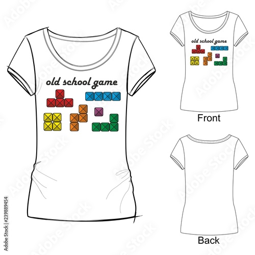 White t shirt with fashion print with colored tetris boxes and lettering