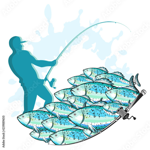 Fisherman with a fishing rod and a flock of fish