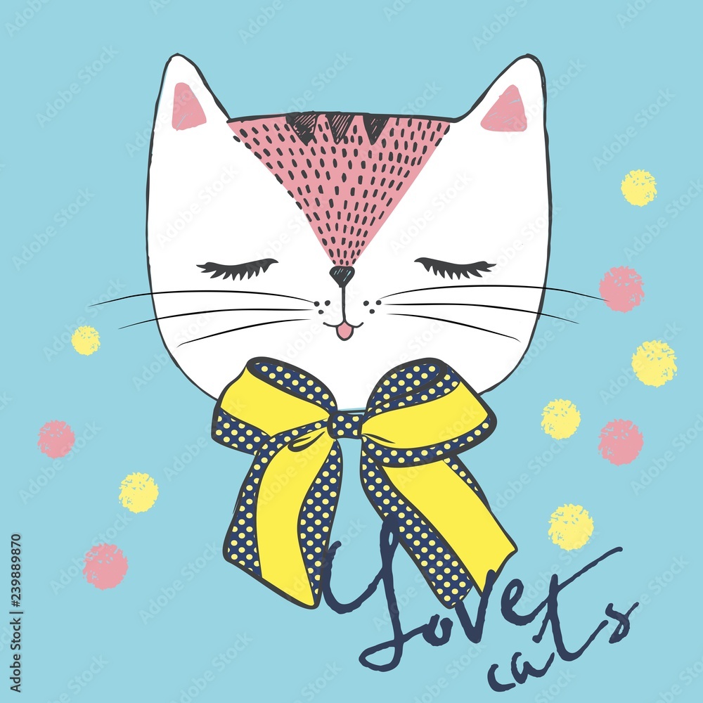 Vector illustration of handdrawn sketch white cat with polka dot bow and lettering - Love cats. Cat's head with closed eyes and colored snowballs for your design isolated on a blue background Vector illustration of handdrawn sketch white cat with polka dot bow and lettering - Love cats. Cat's head with closed eyes and colored snowballs for your design isolated on a blue background