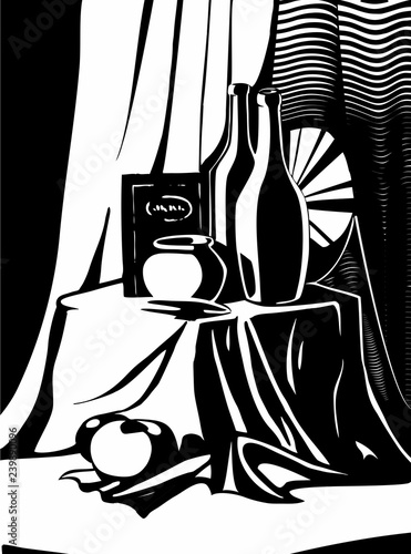 Fotografie Vector illustration of black and white classical still life staging with drapery, vase, bottles of wine, box, plate and apples